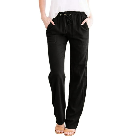 Clearance Sales Women's Casual Pants Womens Casual Solid Color Loose Pockets Elastic Belt Waist Pants Long Trousers