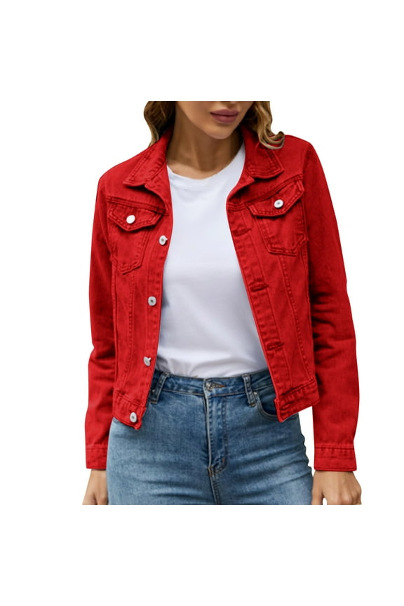 Clearance Sales Women's Denim Jackets Women's Basic Solid Color Button Down Denim Cotton Jacket With Pockets Denim Jacket Coat