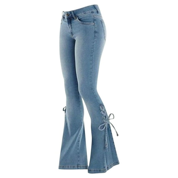 Clearance Sales Women's Jeans Women's Mid-Waist Lace-Up Denim Trousers Stretch Jeans Flared Pants
