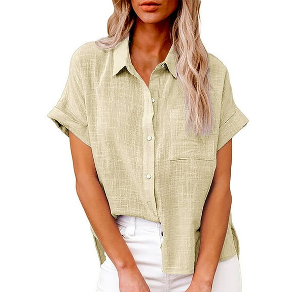 Clothing 2025 Womens Casual Short Sleeve Button Down Shirts Summer Plain Top Blouses with Pockets Womens Short Sleeve Button Down Shirts Official Collar Blouse Basic Simple Dress Shirt