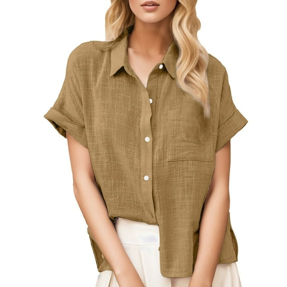 Clothing 2025 Womens Casual Short Sleeve Button Down Shirts Summer Plain Top Blouses with Pockets Womens Short Sleeve Button Down Shirts Official Collar Blouse Basic Simple Dress Shirt