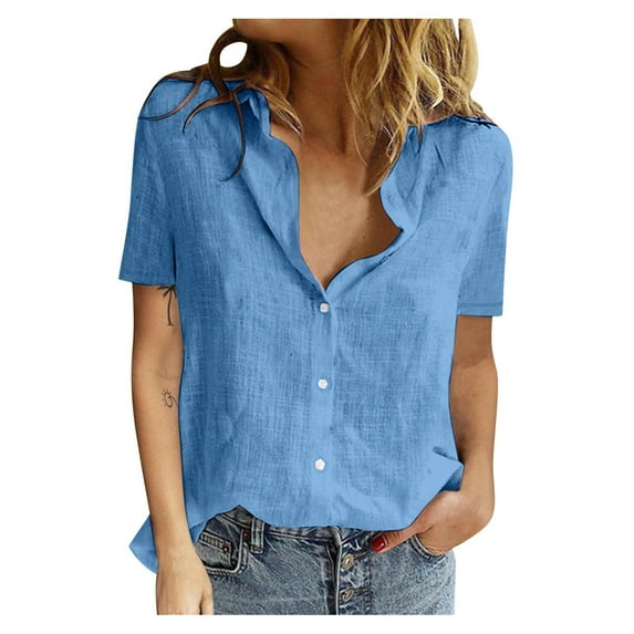 Clothing 2025 Womens Casual Short Sleeve Button Down Shirts Summer Plain Top Blouses with Pockets Womens Short Sleeve Button Down Shirts Official Collar Blouse Basic Simple Dress Shirt