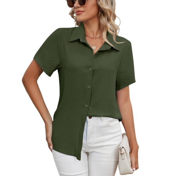 Clothing 2025 Womens Casual Short Sleeve Button Down Shirts Summer Plain Top Blouses with Pockets Womens Short Sleeve Button Down Shirts Official Collar Blouse Basic Simple Dress Shirt