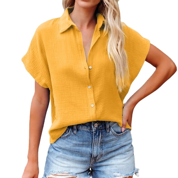 Clearance Sales Womens Casual Short Sleeve Button Down Shirts Summer Plain Top Blouses with Pockets Womens Short Sleeve Button Down Shirts Official Collar Blouse Basic Simple Dress Shirt