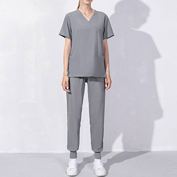 Workwear Clearance Sales! YODETEY Women's Short Sleeved Fashionable Pocket V-neck Protective Work Clothes Top/shirt Set Gray (S)