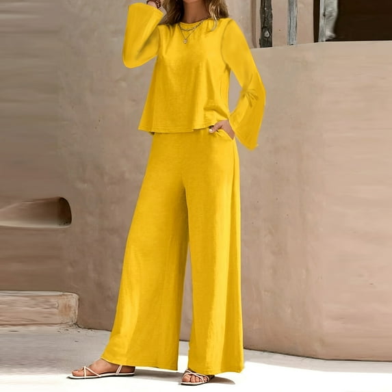 kttectoa Outfits for Women Cotton Casual Outfits Trendy Fall Winter Outfits for Women Solid Long Sleeve Crew Neck Pullover Tops and Wide Leg Pants Fall Outfits for Women
