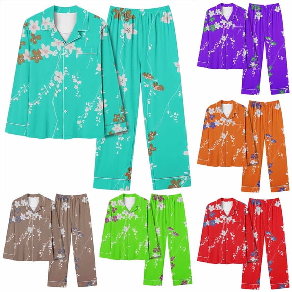 kttectoa Outfits for Women Womens Loungewear Set Winter Pajamas for Women Lounge Sets Floral Print Long Sleeve Mock Neck Button Tops and Pants Winter Clothes for Women