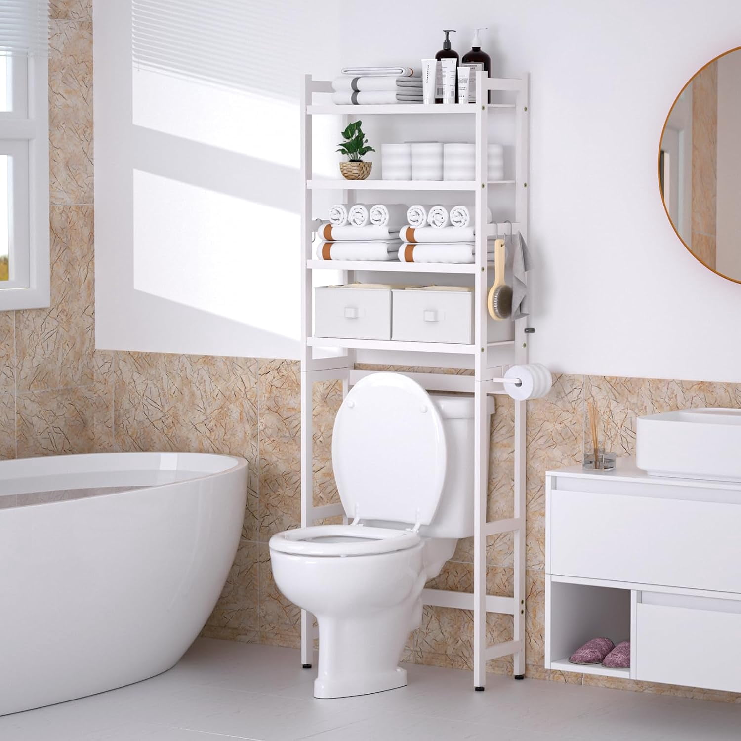 Tupukom Over the Toilet Storage Cabinet Bathroom Organizers Rack Freestanding Space Saver Shelf for Restroom Laundry Bathroom Decor Accessories,3-layer
