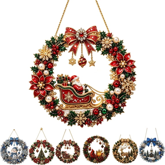 Clearance! Santa Sleigh Wreath Diamond Art Hanging Kit for Adults, DIY Red Bow Suncatcher Craft, Special Shaped Rhinestone Window Pendant, Home Christmas Decor