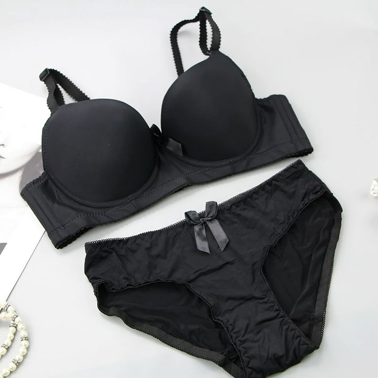 4pcs Solid Black Clothing Set, Including Underwear, Bra