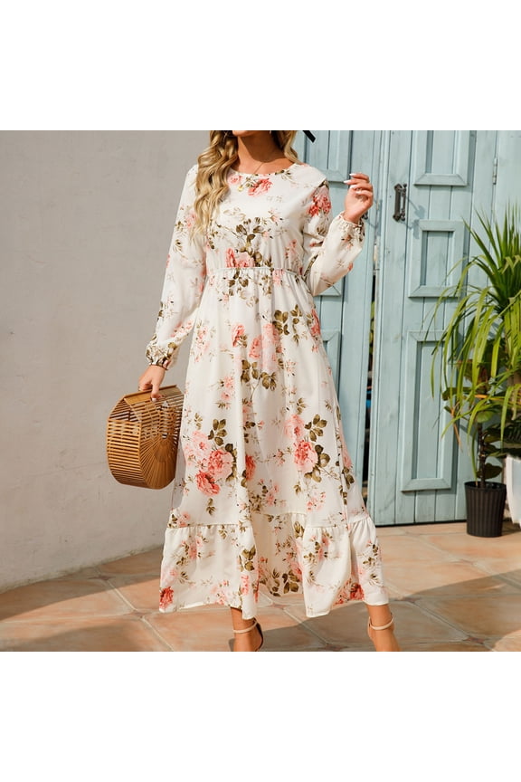 Long Sleeves Dresses, Women's Summer Print Casual Loose Long Sleeve Crew Neck Dress Orange, L