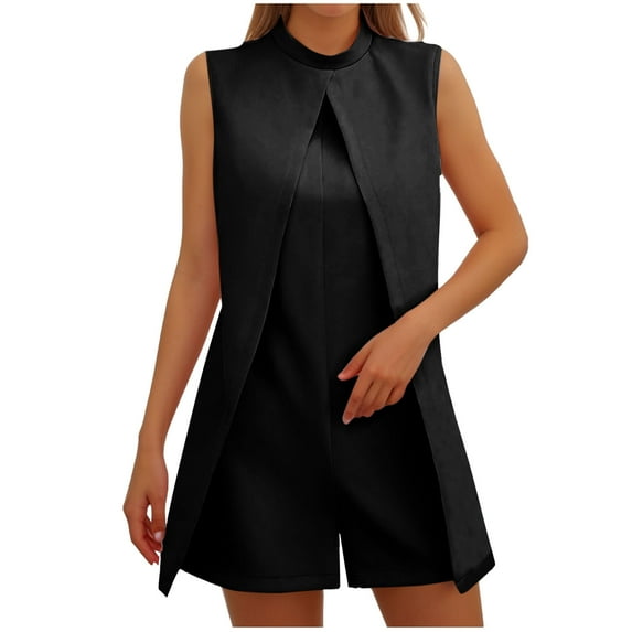 Clearance Savings Pants for Women Slim Fit Fake Two Piece Jumpsuit Loose Solid Color Shorts Dressy Sleeveless Jumpsuit Elegant Straight Leg Slacks Crew Neck Jumpsuit Wide Leg Trousers