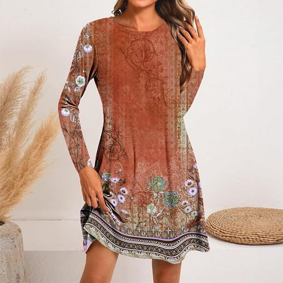 Clearance Savings Women's Loose Dresses Women's Fashion Round-Neck Short Sleeved Printed Pullover Dress Orange, XL