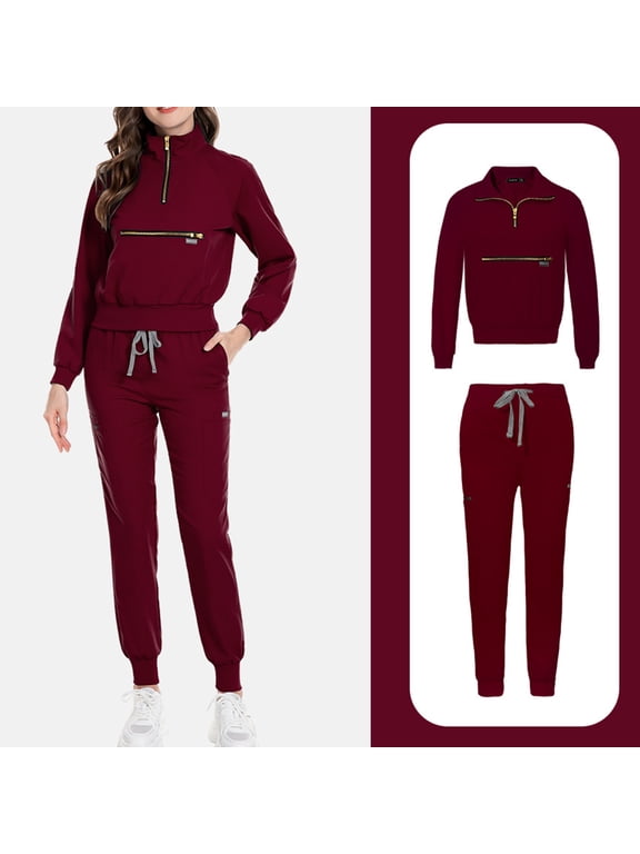 Clearance Scrubs For Woman,Scrub for Women Set-Long Sleeve Scrub Top with Zipper & Jogger Pants Medical Uniform Suit - Wine - M