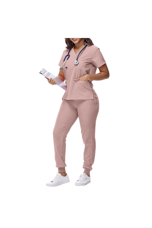 Clearance Scrubs For Woman,Scrubs Set for Women Nurse Uniform V-Neck Top and Drawstring Jogger Pants with Multi Pocket Nurse Workwear - Pink - M