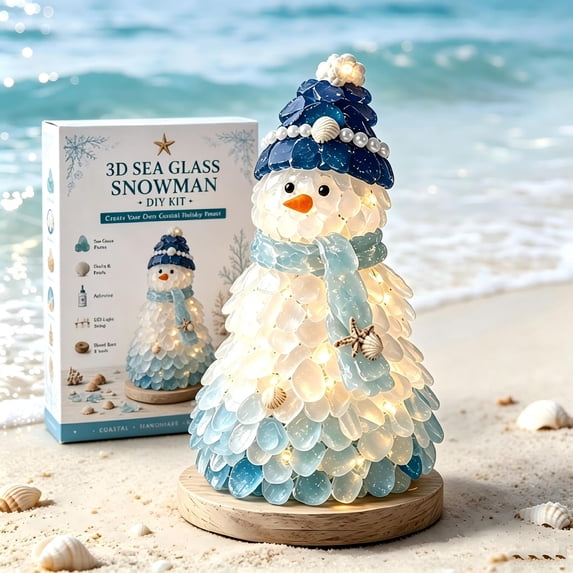 Clearance Sea Glass Art for Adults, Lighted Christmas Seaglass Figurine Set, Christmas Glass Mosaic Decorations for Desktop Shelf, Snowman