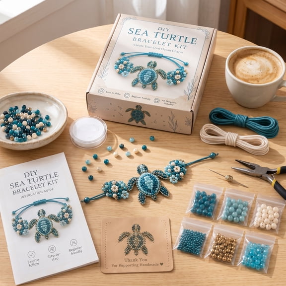 Clearance Sea Turtle Beaded Bracelet Kit, 3D Animal Bead Jewelry Making Set with Instructions, DIY Craft Gift for Beginners