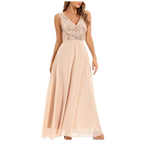 Sequins Patchwork Sleeveless Maxi Dresses for Women Deep V Neck Tunic Waist Mesh Midi Dress Women Solid Cocktail Dress