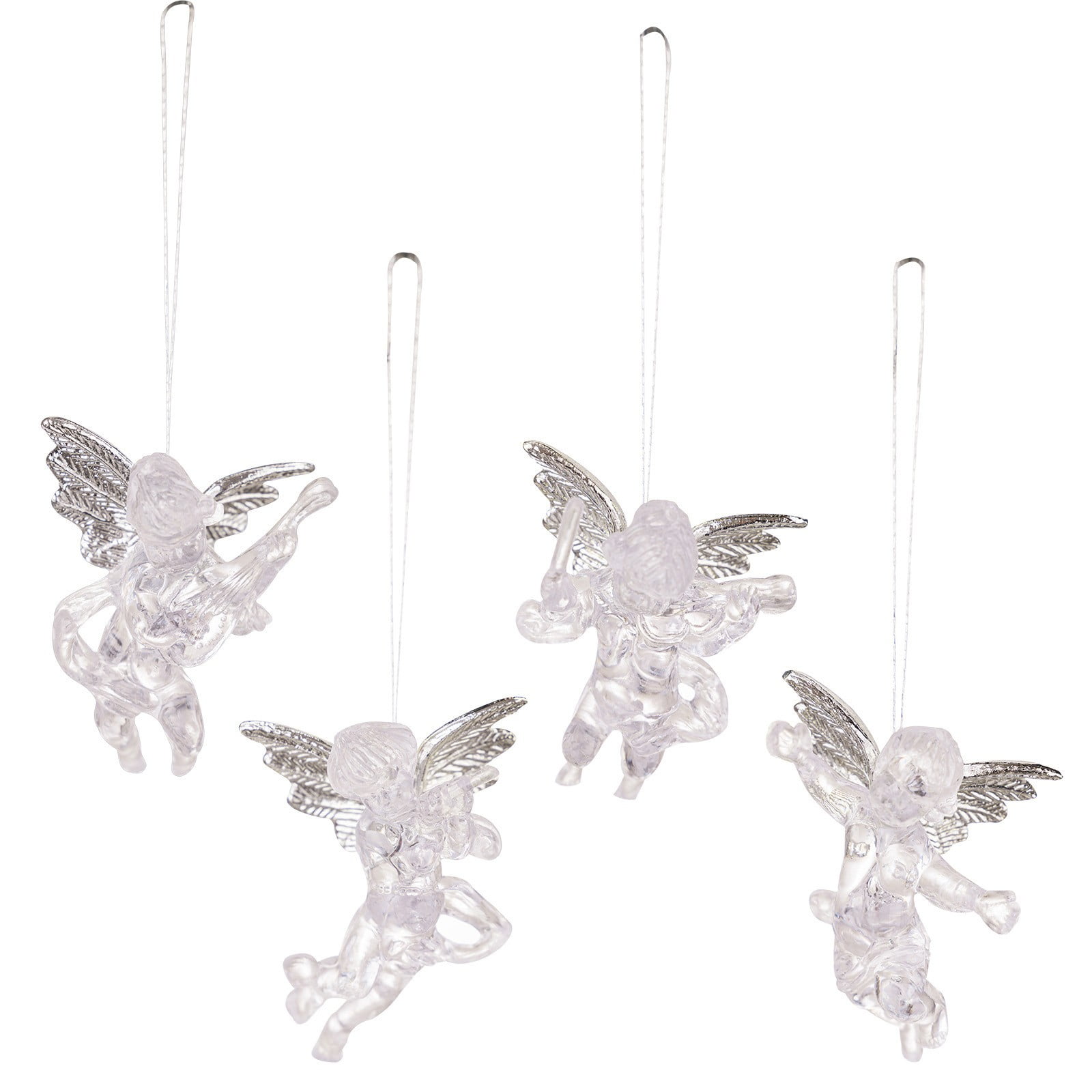 Clearance ! Set of 4 Clear Acrylic Angel Ornaments with Silver Wings