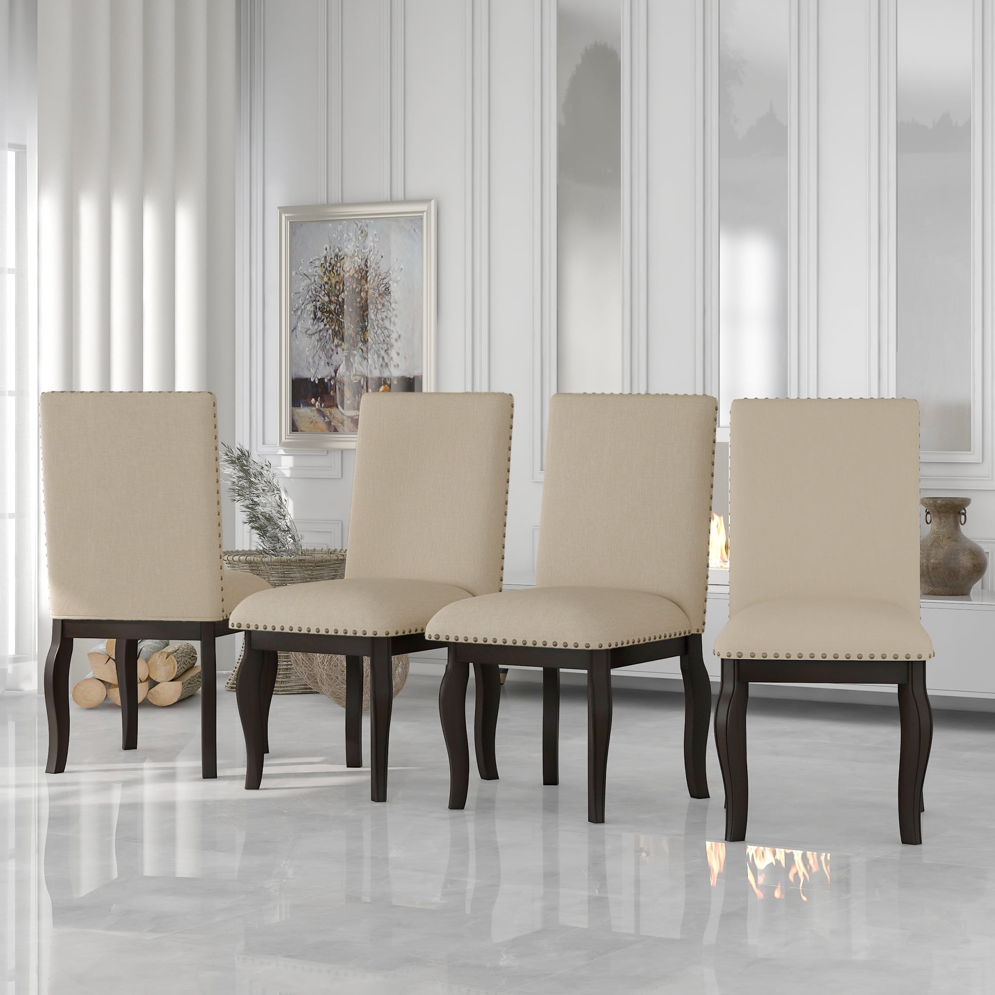 Clearance! Set of 4 Dining chairs Wood Upholstered Fabirc Dining Room ...