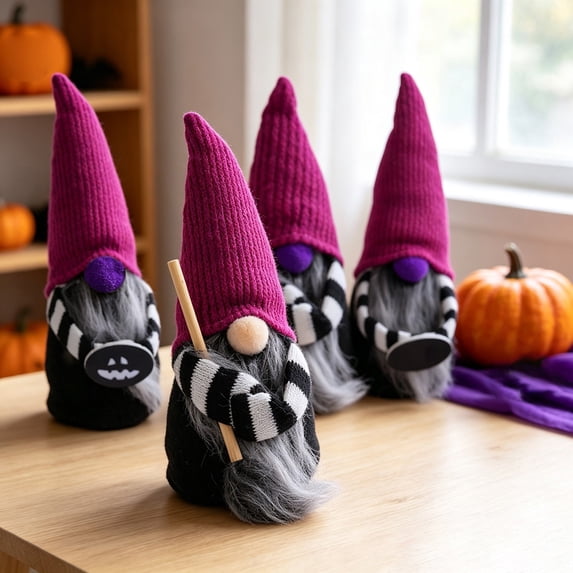 Clearance | Set of 4 Knitted Gnome Plush Figure with Witch Hat for Halloween Tabletop Decor