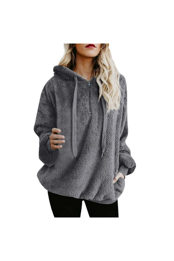 Sherpa Hoodie for Women Quarter Zip Sweatshirts Fuzzy Fluffy Hooded Sweatshirt Teddy Fleece Sweatshirts Pullover with Pocket Casual Loose Plain Solid Lightweight Coats