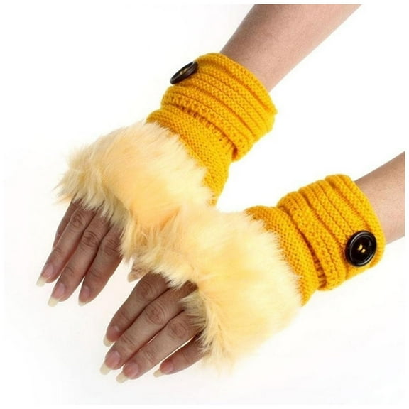 Skpblutn Glove for Girl Faux Rabbit Plush Wrist Fingerless Mittens Winter Warm Gloves Yellow One Size