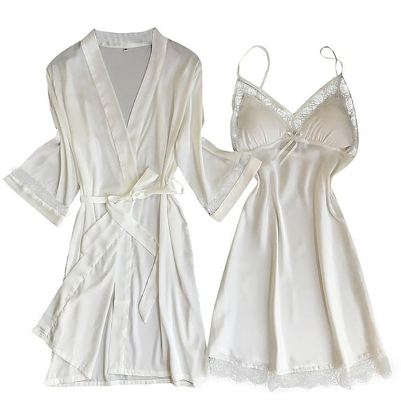 Skpblutn Plus Size Underwear Pajama Set for Women Satin Silk Cardigan Nightdress Bathrobe Ladies Robes Underwear Nightgowns Sleepwear White