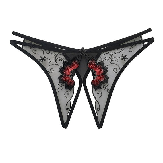 Skpblutn Women'S Briefs Low Waist Flower Embroidery Hollow Out Transparent Mesh Thong Open Crotch Free Womens Underwear Black One Size