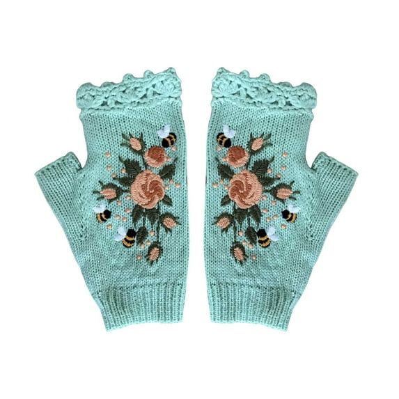 Skpblutn Women'S Glove 2023 Hand Embroidered Flower Embroidered Hand Fingerless Hand Knit Fingerless Embroidered Flower Knitted Gloves Green A
