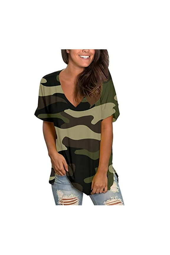 Womens Summer Tops Fashion V-Neck Camouflage Short-Sleeved Casual Pullover T-Shirt Tops for Women Camouflage L