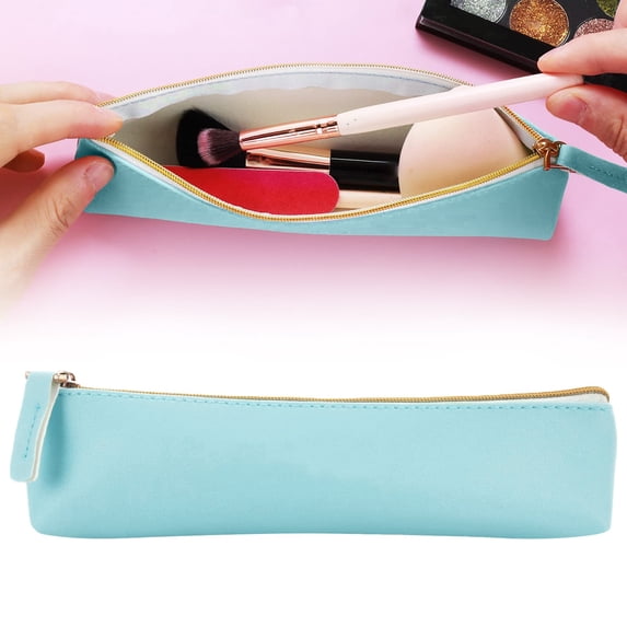 Clearance Slim Pencil Pouch, 7.9"x2"x1.57", Sky Blue PU Leather Mini Zipper Pencil Bag, Portable Travel Cosmetic Brush Storage Bag for Daily Handbag Storage & Workshop Small Hardware Organizer