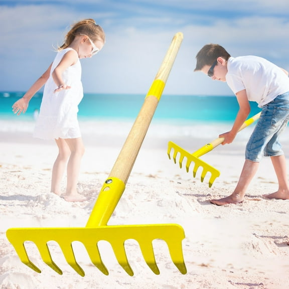 Clearance Small Garden Rake With Wooden Handle 7 Tines Matal Head Rake Tool For Kids Loosening Soil Gathering for Home & Kitchen Yellow