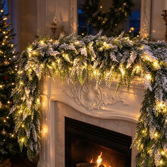 Clearance! Snow Christmas Norfolk Pine Garland, 6 FT Real Touch Faux Garlands with LED, Christmas Decor