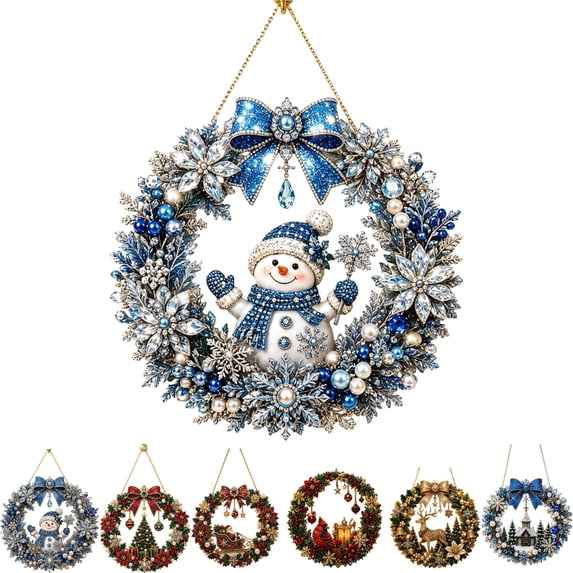Clearance! Snowman Blue Wreath Diamond Art Hanging Kit for Adults, DIY Suncatcher Ornament Craft, Special Shaped Rhinestone Window Pendant, Christmas Winter Home Wall Decor