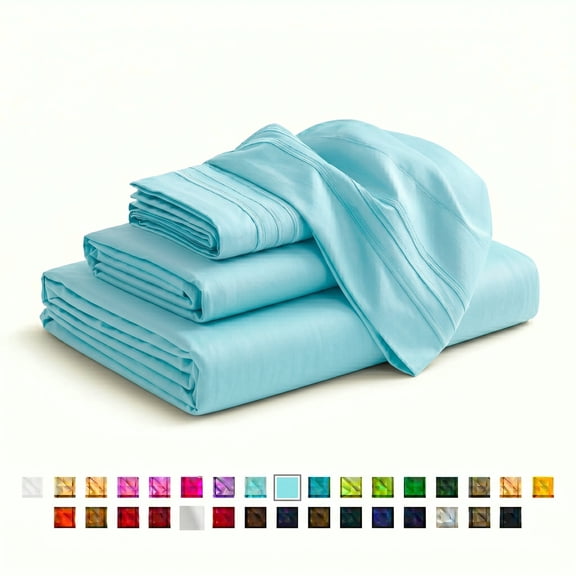 Smooth Microfiber Bed Sheet Set, Solid Blue, Lightweight & Breathable, Wrinkle Resistant, Deep Pocket, 4-Piece , California King, Aqua Blue