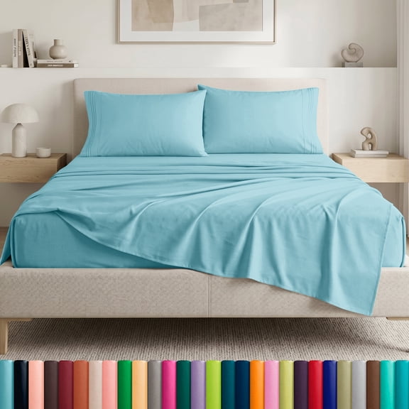 Smooth Microfiber Bed Sheet Set, Solid Blue, Lightweight & Breathable, Wrinkle Resistant, Deep Pocket, 4-Piece , Full Aqua Blue