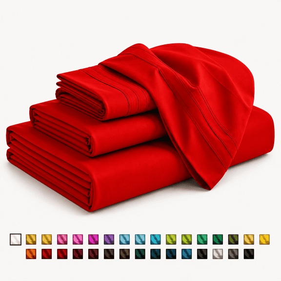 Smooth Microfiber Bed Sheet Set, Solid Blue, Lightweight & Breathable, Wrinkle Resistant, Deep Pocket, 4-Piece , Queen Red