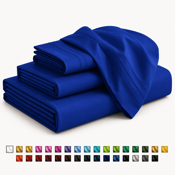 Smooth Microfiber Bed Sheet Set, Solid Blue, Lightweight & Breathable, Wrinkle Resistant, Deep Pocket, 4-Piece , Queen Royal Blue