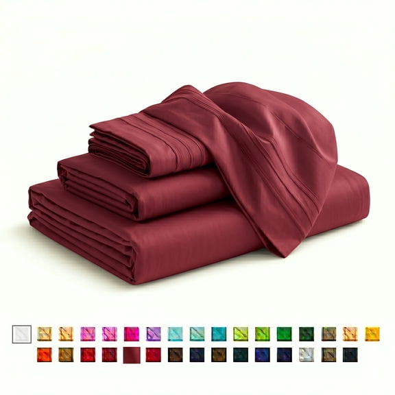 Smooth Microfiber Bed Sheet Set, Solid Blue, Lightweight & Breathable, Wrinkle Resistant, Deep Pocket, 4-Piece , Split King, Burgundy