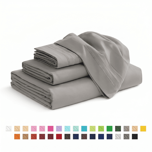 Smooth Microfiber Bed Sheet Set, Solid Blue, Lightweight & Breathable, Wrinkle Resistant, Deep Pocket, 4-Piece , Split King, Grey