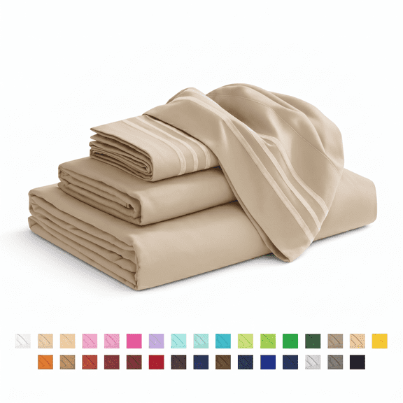 Smooth Microfiber Bed Sheet Set, Solid Blue, Lightweight & Breathable, Wrinkle Resistant, Deep Pocket, 4-Piece Twin Cream/Tan