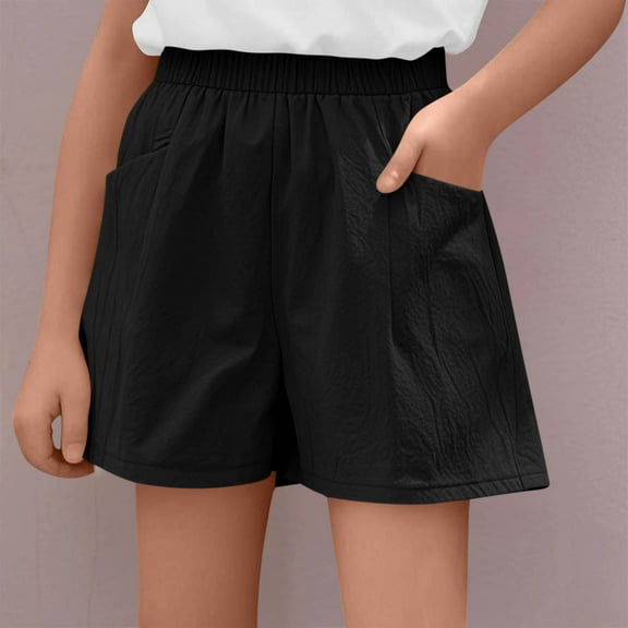 Soft Cotton Casual Shorts Kids Fashion Boy and Girls' Casual Solid Summer Pocket Shorts Adjustable Waist Frill Shorts Black 13 Years