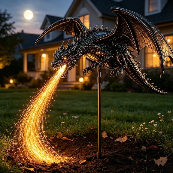Clearance Solar Dargon Garden Light with Stake, Solars Powered Dragons Figurine with Breathing Flame Fiber Optic Lights Decor for Lawn, Pathway, Flower Bed, Patio & Yard