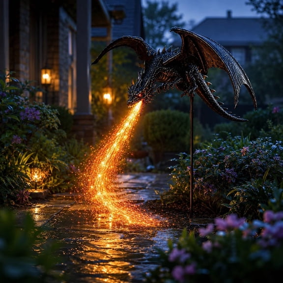 Clearance! Solar Dragon Fire Garden Stake Light, 30" Solars Powered Dragons Figurine with Breathing Flame Fiber Optic Lights Decor for Lawn, Pathway, Patio & Yard