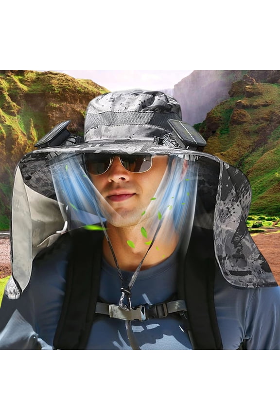 Clearance! Solar Fan Fishing Hat, UPF50+ Wide Brim Large Shawl Sun Hat Neck Protection for Men Women, UV Protection Hiking Beach Bucket Hats Summer Safari Hat