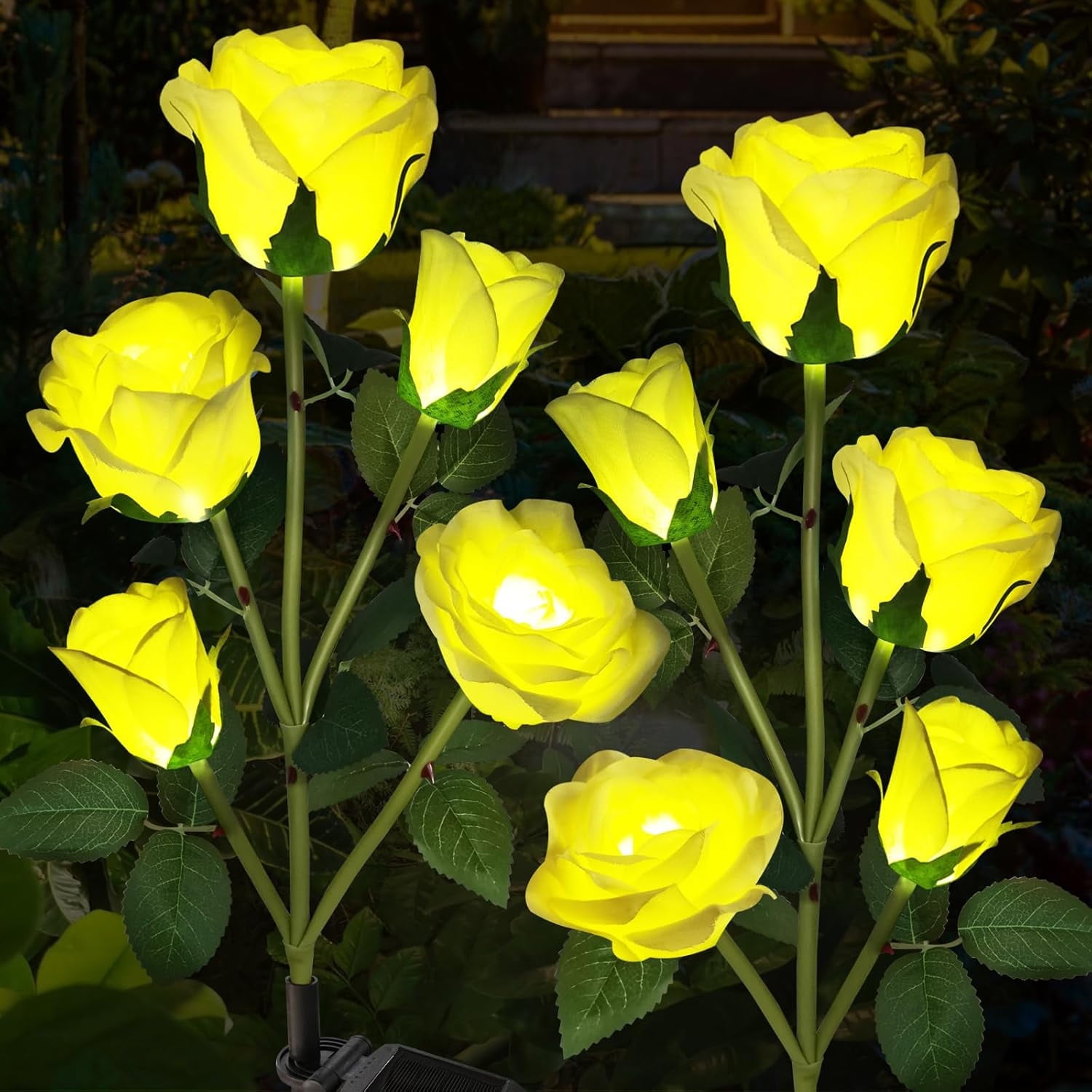Solar Garden Lights,Solar Outdoor Lights with More Realistic 10 Rose WaterproofSolar Powered Flowers for Outside Patio Yard Pathway Decorations, 2 Pack
