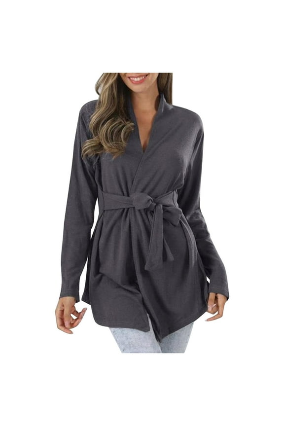 Solid Belted Cardigans for Women Cross V Neck Long Sleeve Cotton Comfy Soft Mid Length Tunic Tops Trendy