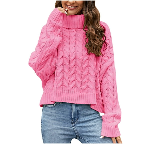 Solid Comfy Sweater Turtleneck Long Sleeve Cable Knit Tops Solid Color Pullover Sweatshirt Women Casual Trendy Outfits