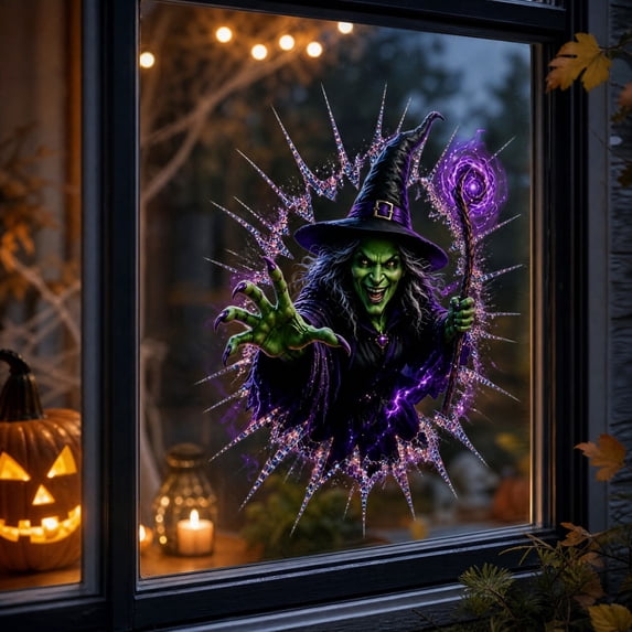 Clearance! Spooky Witch Halloween Window Decals,Break - Through Style Removable Glass Clings,Pumpkin Ghost Witch Stickers For Indoor Halloween Party Decor,11.81in